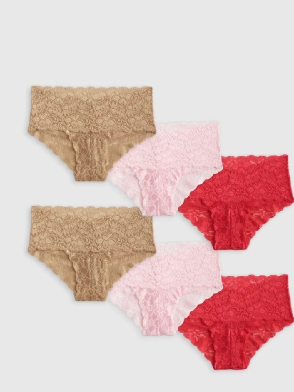 Quince Stretch Lace Cheeky Brief (6-pack) Size Large New Clay/Pale Pink/Ruby